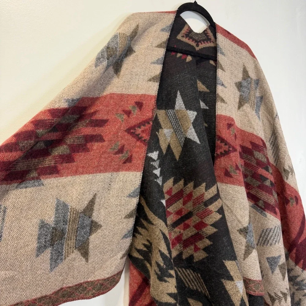 Womens Southwest Reversible Poncho Wrap Aztec Tribal Pattern Multicolor One Size